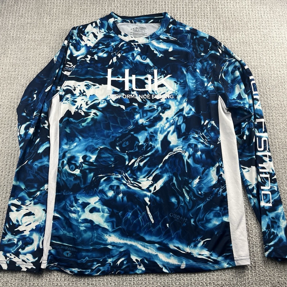 HUK Mossy Oak Hydro Pursuit Element Blue L/S Fishing Shirt Mens Size Large